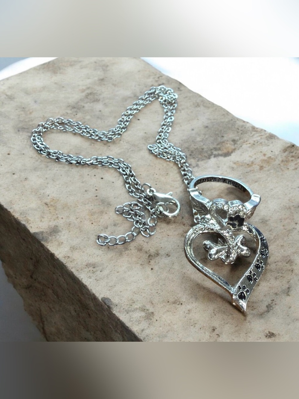 2-Pc Pet Memorial Set Size 6 Ring & Paw Print Necklace - Always In My Heart